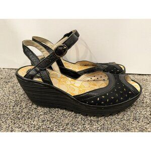 Fly London Open Toes Black Strappy Wedge Size 38 EUC